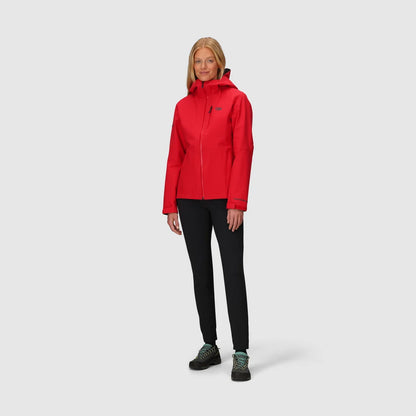 Women's red Aspire 3L rain jacket with hood, worn with black pants
