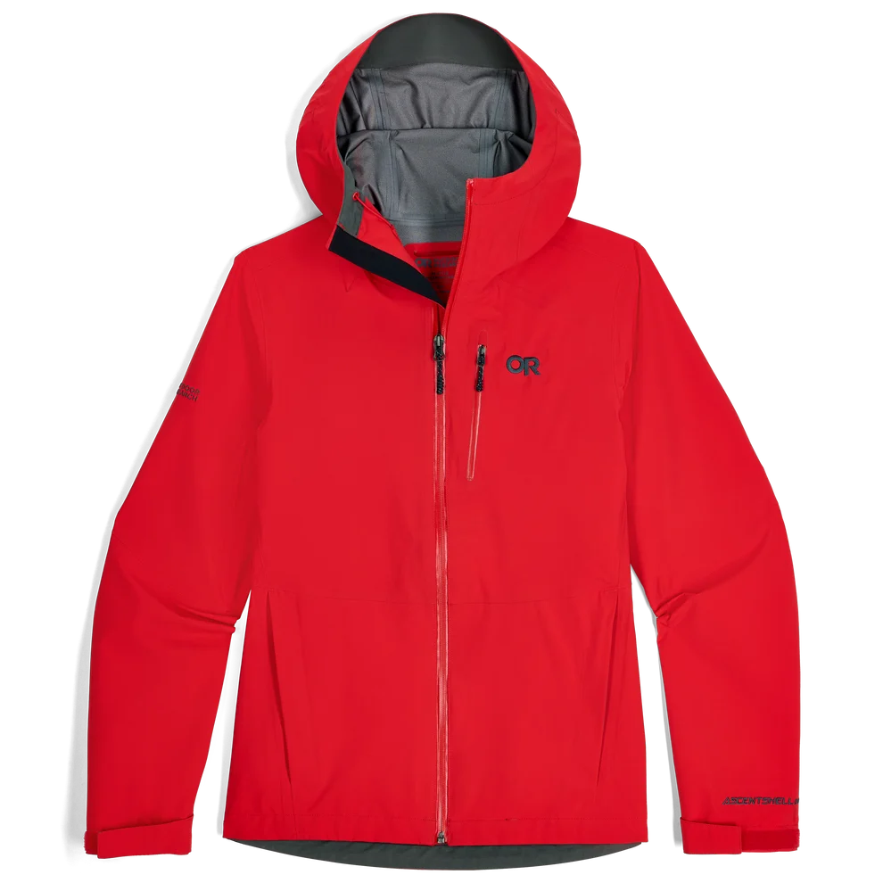 Red hooded rain jacket with full front zip and zippered chest pocket