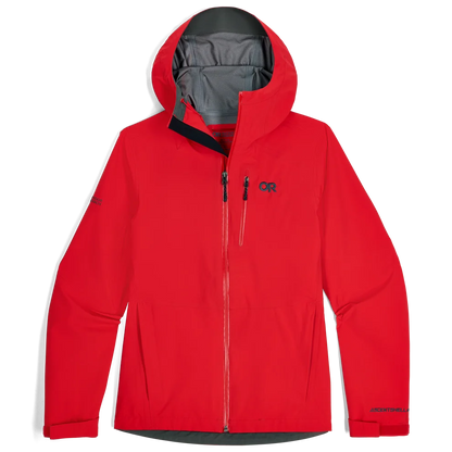 Red hooded rain jacket with full front zip and zippered chest pocket