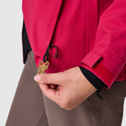 Red rain jacket hem with adjustable drawcord and cuff tab