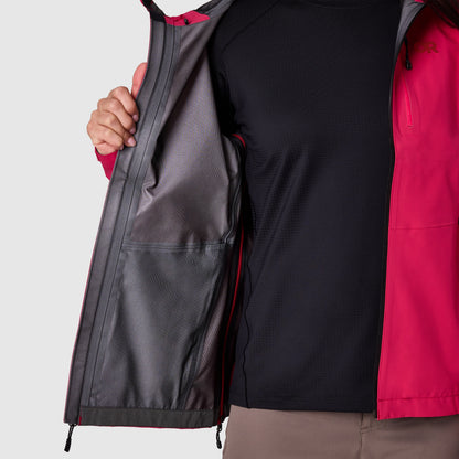 Open red rain jacket showing dark lining and interior pocket
