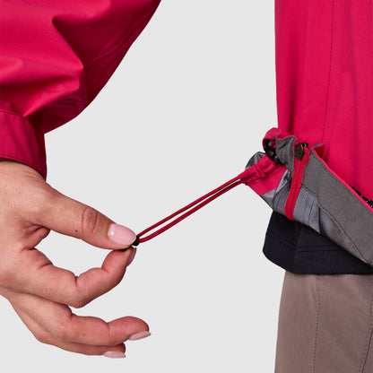 Red rain jacket hem with adjustable drawcord toggle