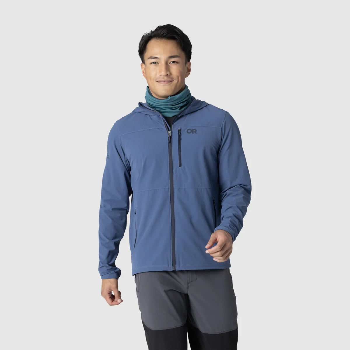 Blue men's hooded softshell jacket shown from the front with zip pockets