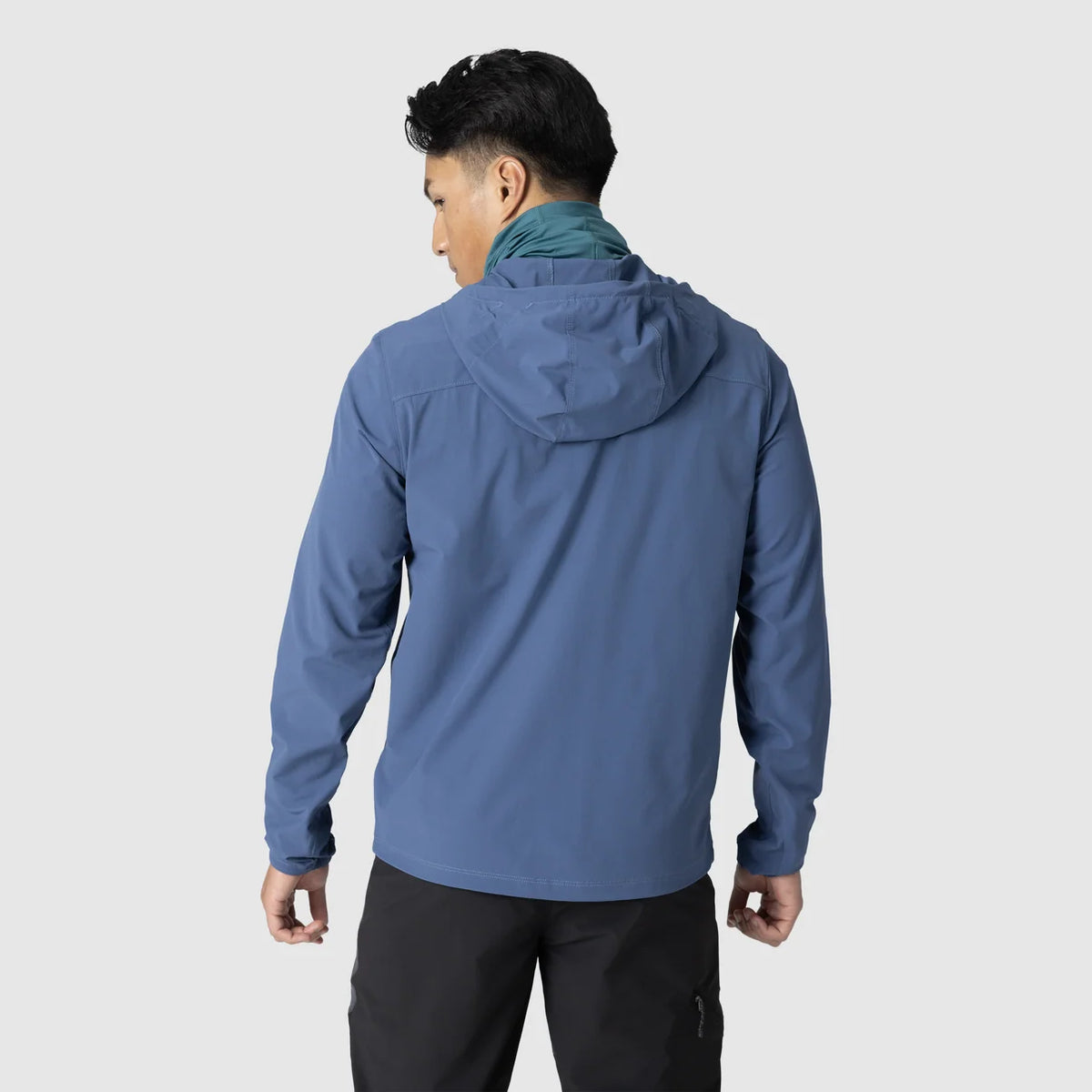 Blue men's softshell jacket shown from the back with an attached hood