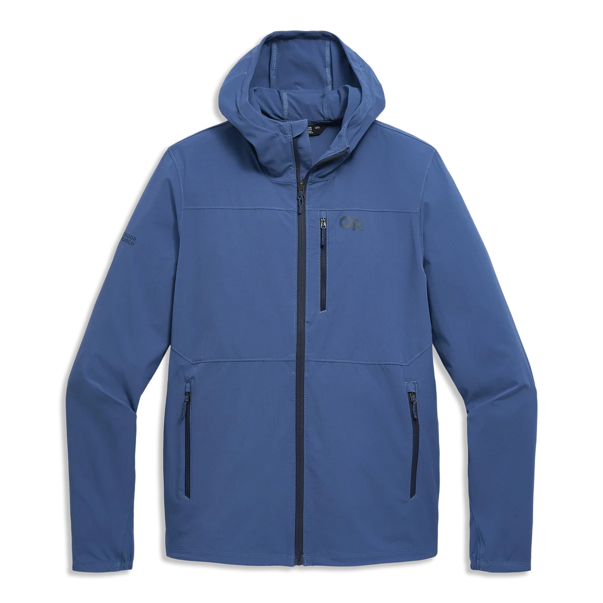 Men's blue hooded softshell jacket with a full zip and three zip pockets