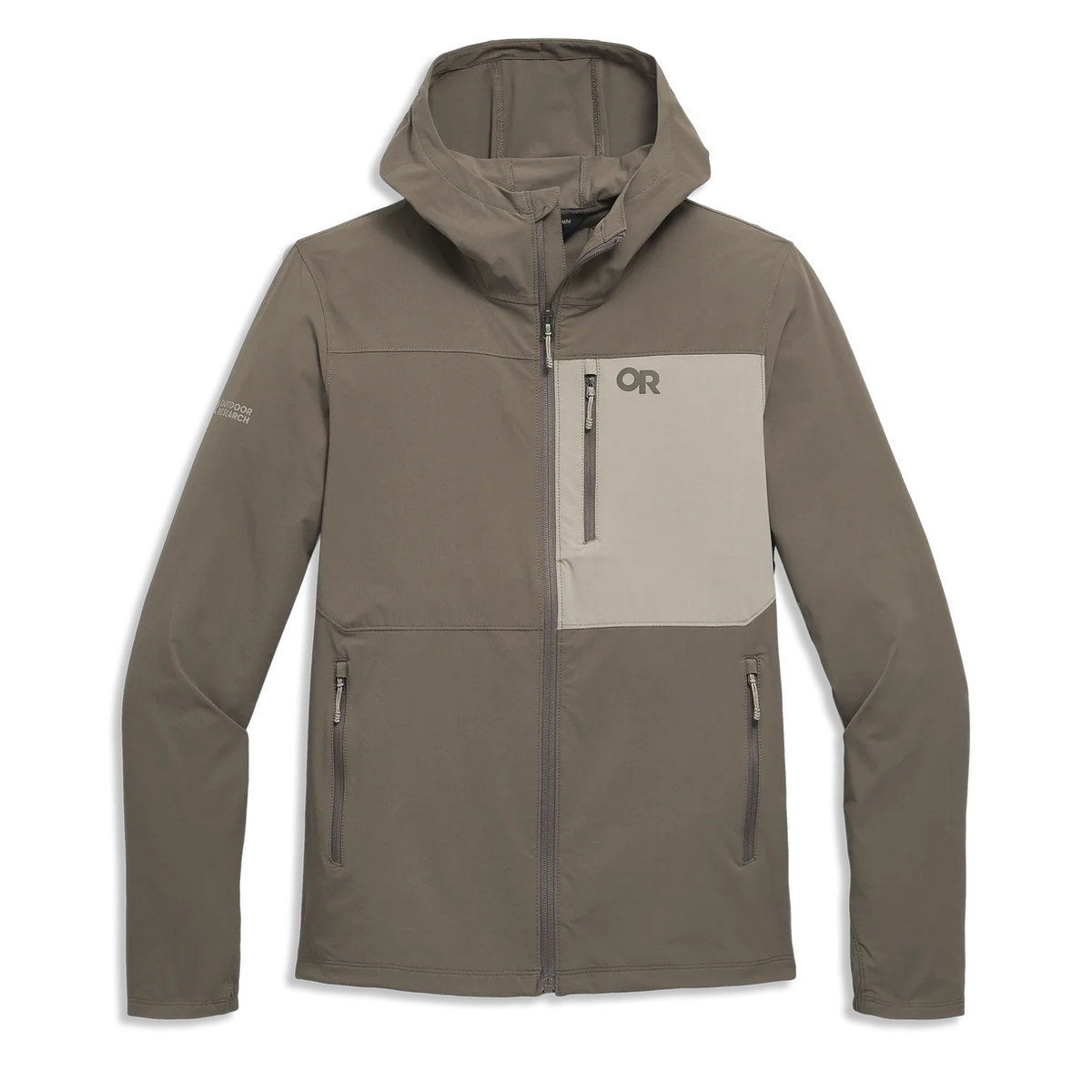 Men's hooded softshell jacket in gray-brown with a light chest panel and three zip pockets
