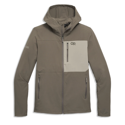 Men's hooded softshell jacket in gray-brown with a light chest panel and three zip pockets