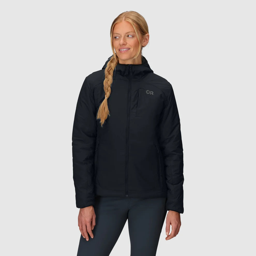 Women's black insulated hoodie worn zipped, with a chest pocket and hood