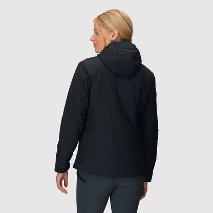 Back view of a women's black insulated hoodie, showing the hood and quilted back panel