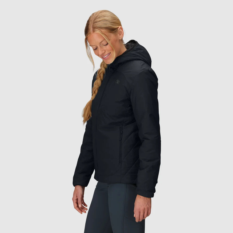 Women's black insulated hoodie worn in side view, showing the hood and zippered pocket