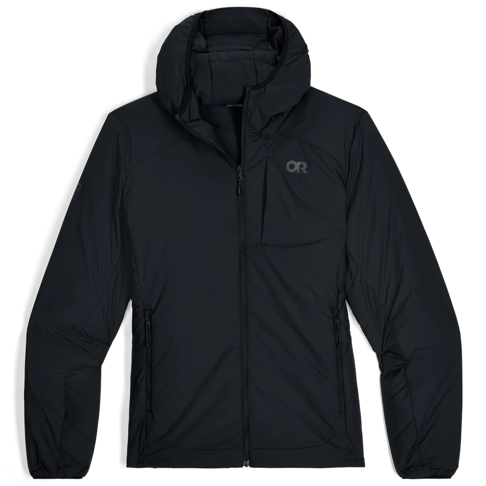 Women's black insulated hoodie with full-zip front, hood, chest pocket, and side pockets