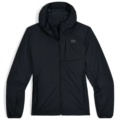 Women's black insulated hoodie with full-zip front, hood, chest pocket, and side pockets
