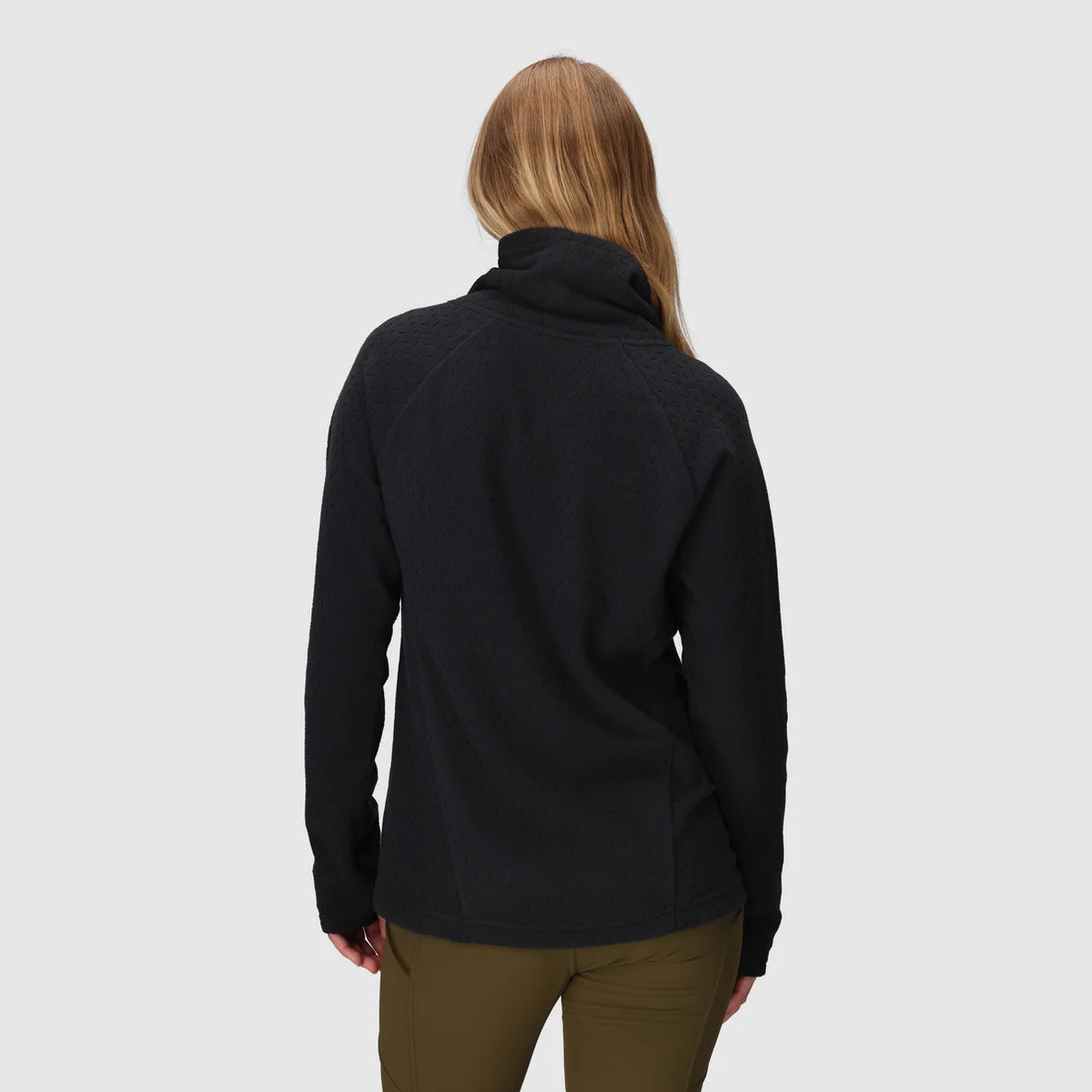 Women's black fleece cowl pullover, shown from the back with long sleeves and a high cowl neck.