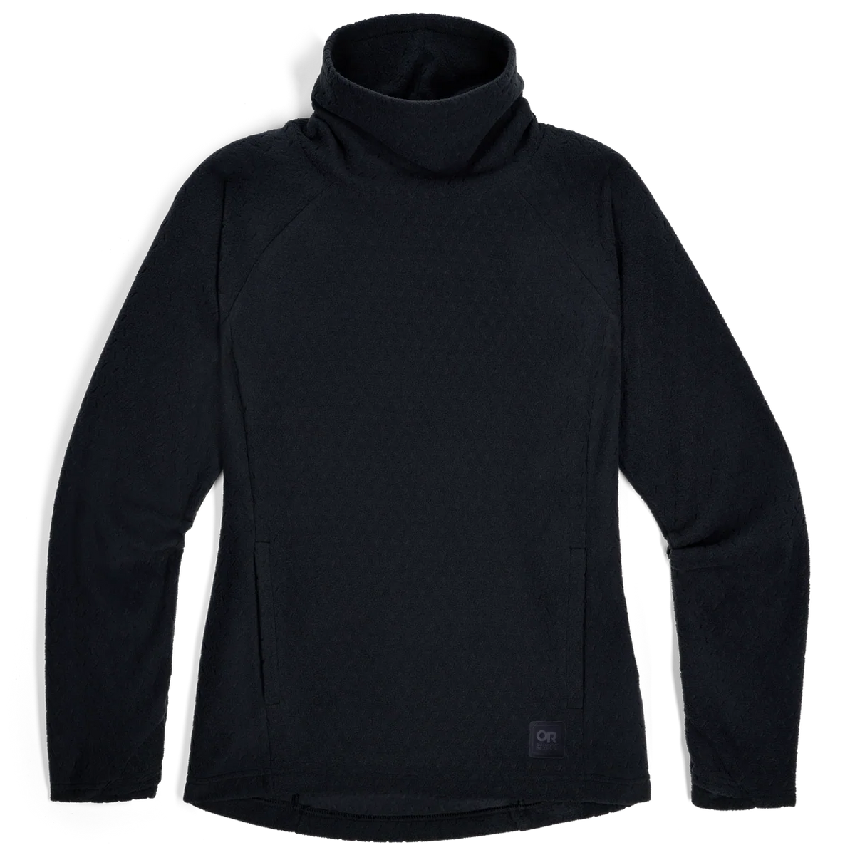 Women's black fleece cowl pullover with long sleeves and front hand pockets