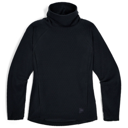 Black fleece pullover with tall cowl neck, raglan sleeves, and front pockets