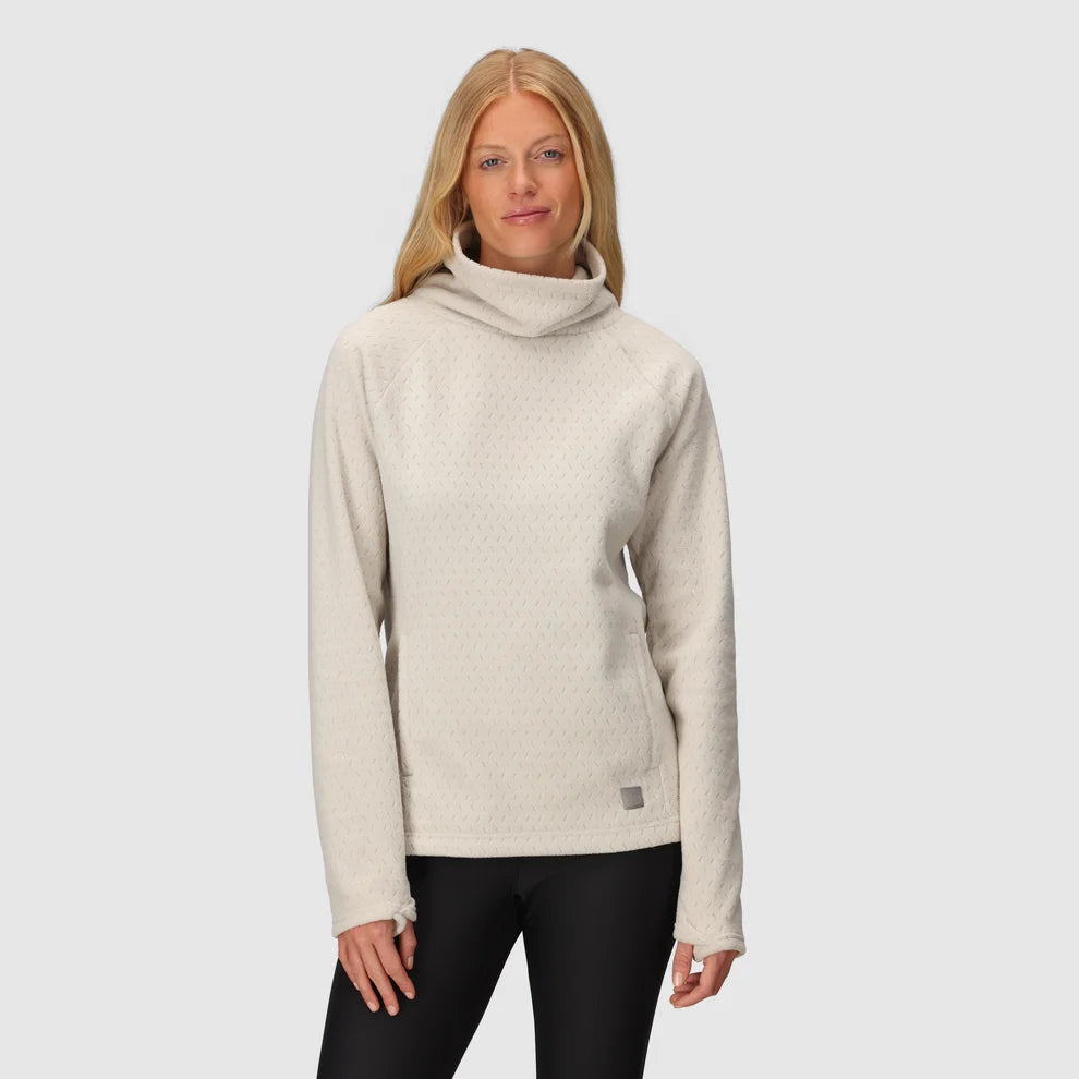 Cream fleece cowl pullover with a subtle textured pattern and front pockets