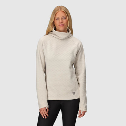 Cream fleece cowl pullover with a subtle textured pattern and front pockets