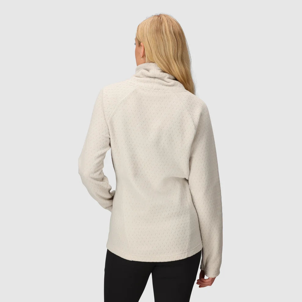 Back view of a cream fleece cowl pullover with long sleeves