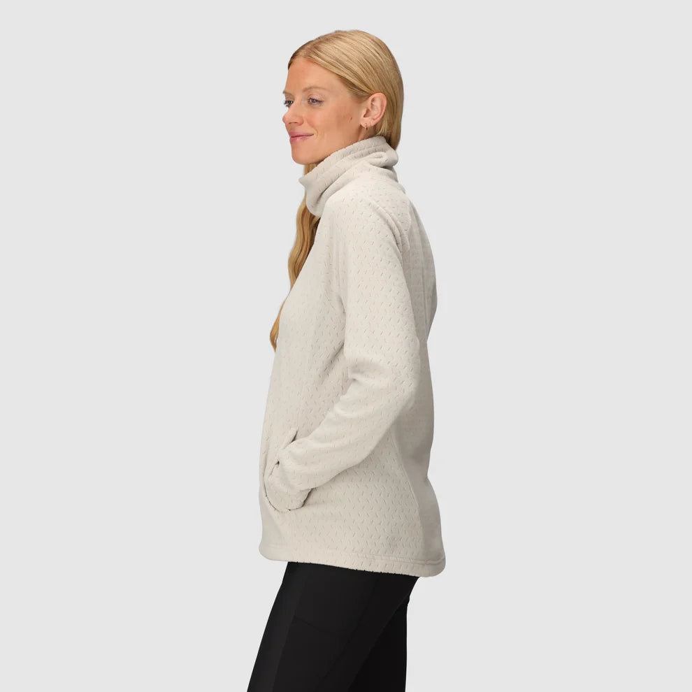Oyster fleece cowl pullover shown from the side, with a front hand pocket