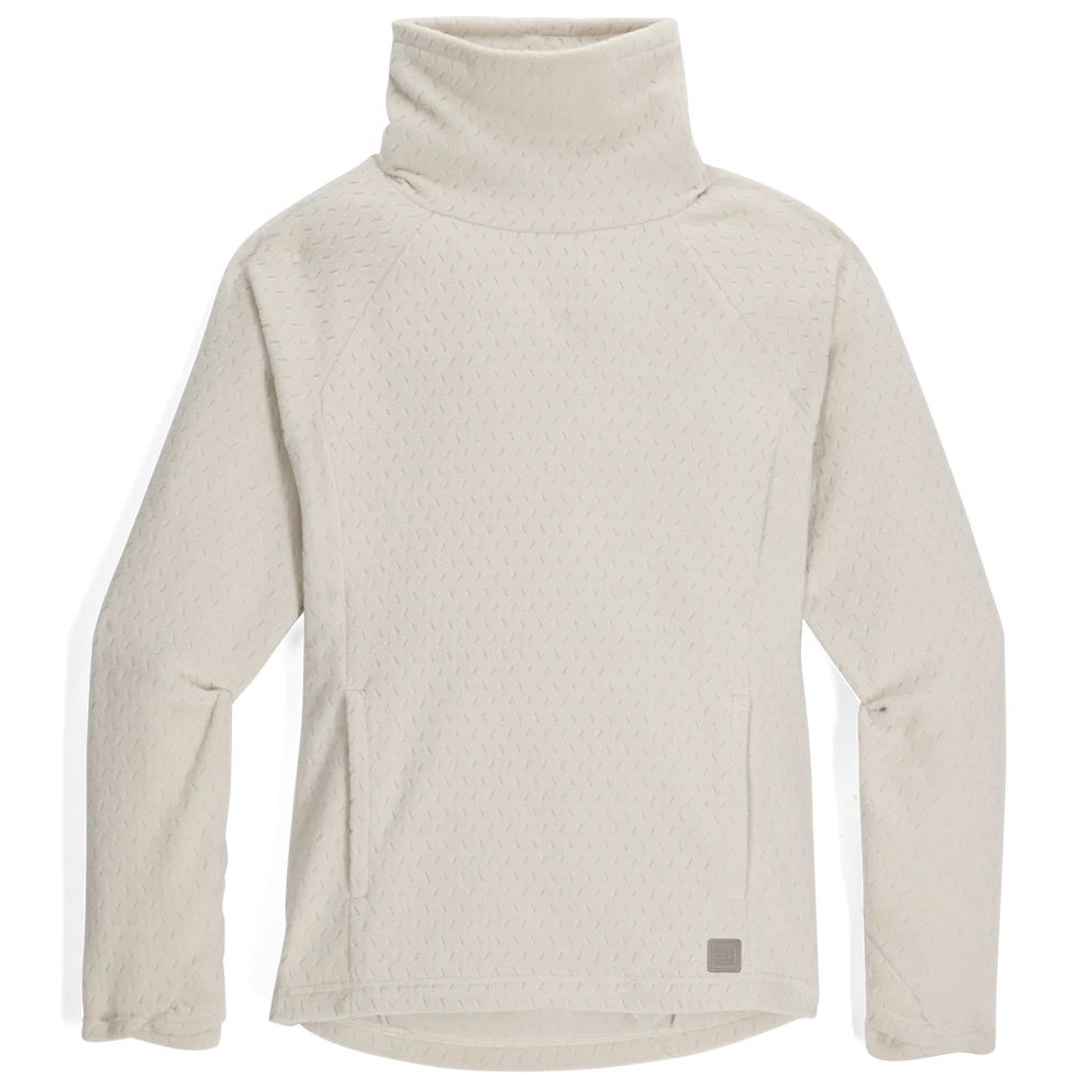 Women's cream fleece cowl pullover with long sleeves and subtle textured pattern