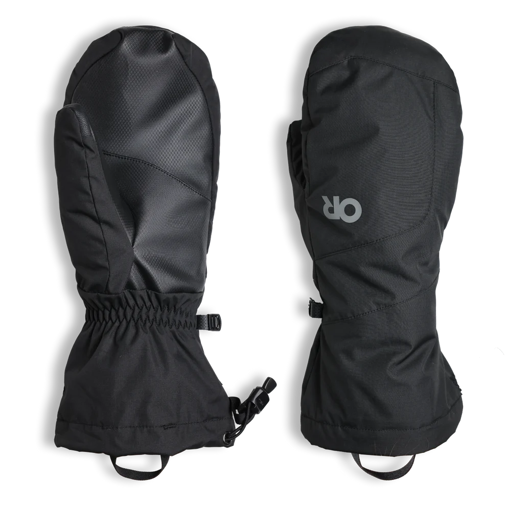 Black insulated waterproof mittens with wrist straps, long cuffs, and a small logo