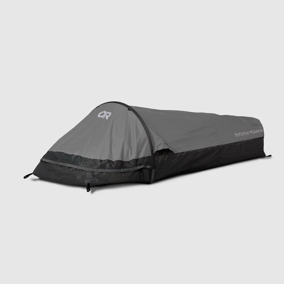Helium UL bivy shelter in gray and black, with a raised head hoop