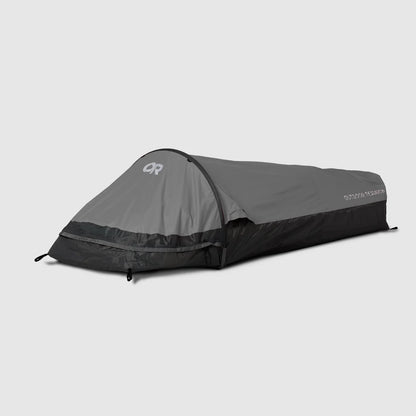 Helium UL bivy shelter in gray and black, with a raised head hoop