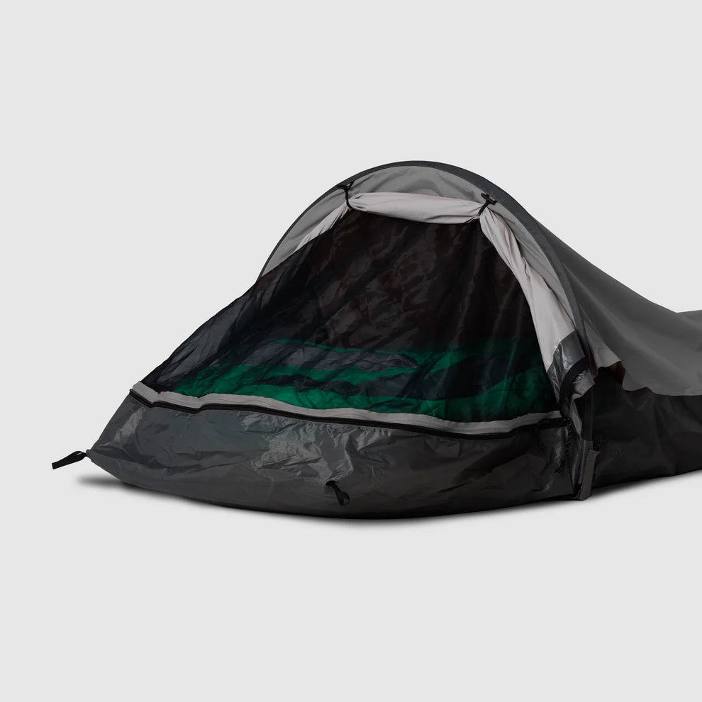 Gray bivy shelter with its mesh face panel open