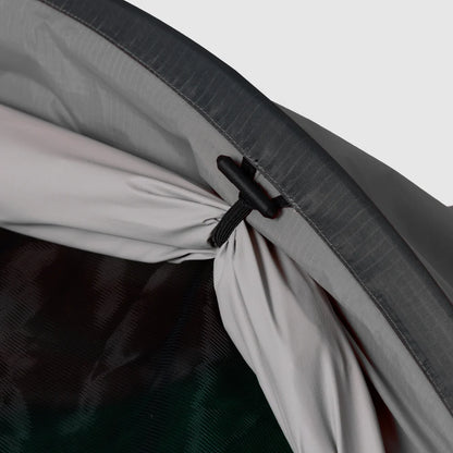 Gray bivy shelter close-up of the face panel toggle and attachment loop