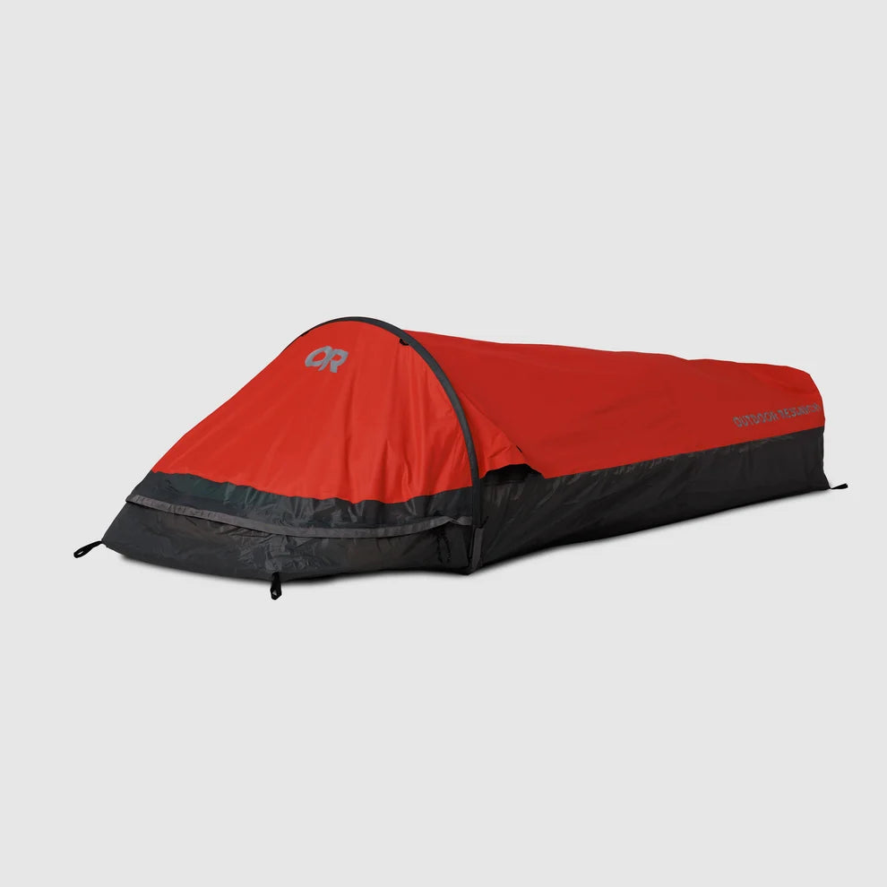 Helium UL bivy shelter in red and black, with a raised head hoop