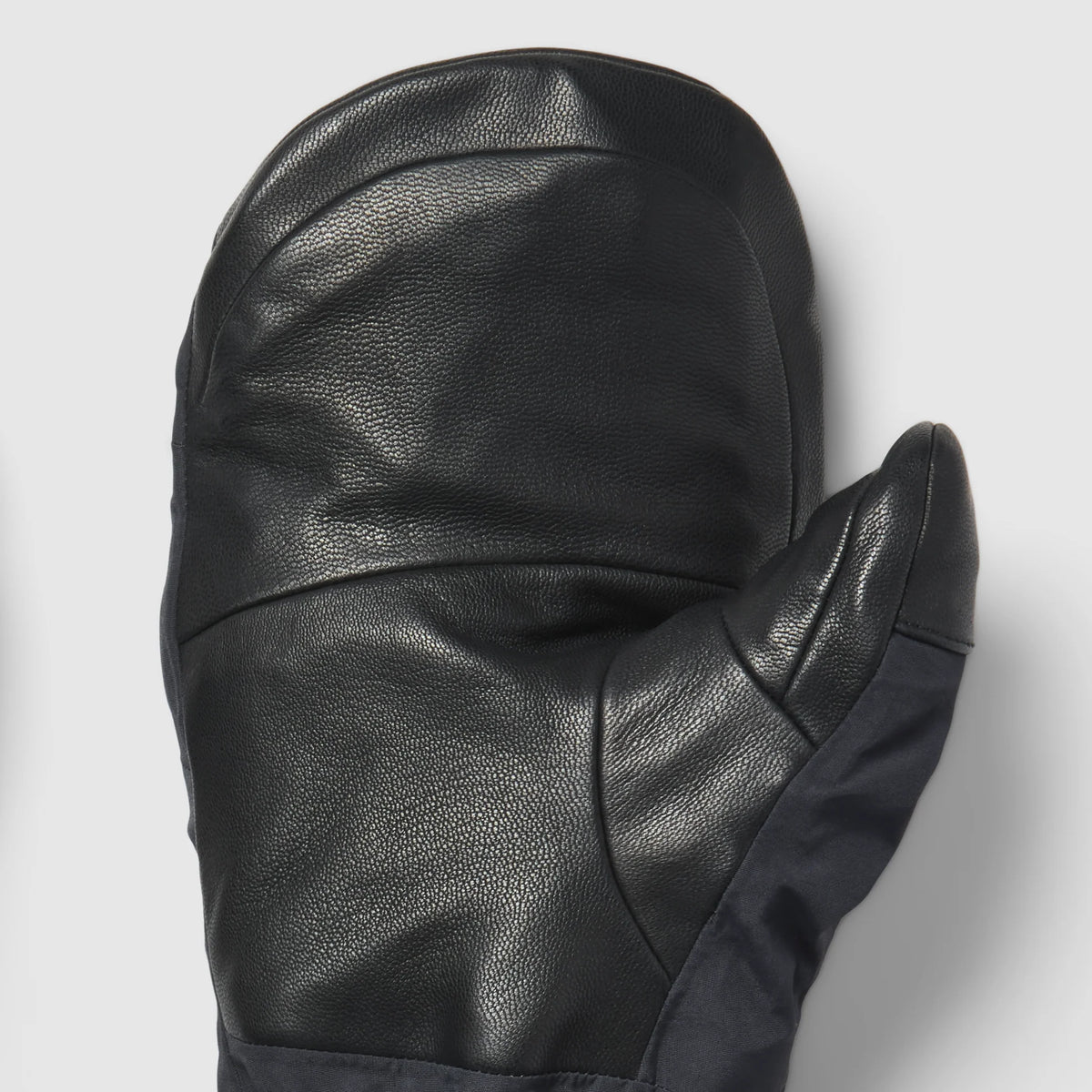 Men's GORE-TEX mitt palm close-up, black textured leather, stitched seams