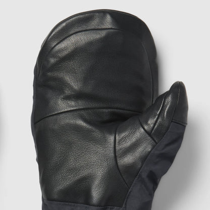 Men's GORE-TEX mitt palm close-up, black textured leather, stitched seams