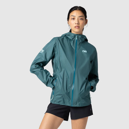 Women's teal waterproof shell jacket with hood, front zip, and hand pockets