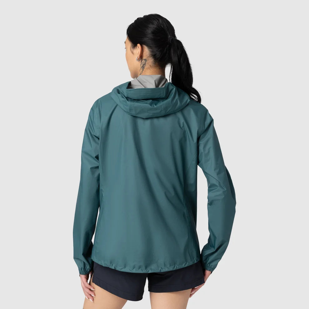 Back view of a teal hooded shell jacket
