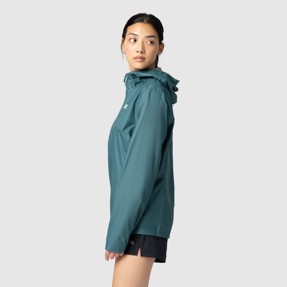 Side view of a teal hooded shell jacket with a relaxed fit