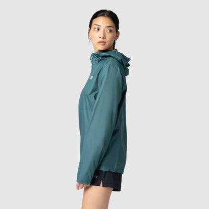 Side view of a teal hooded shell jacket with a relaxed fit