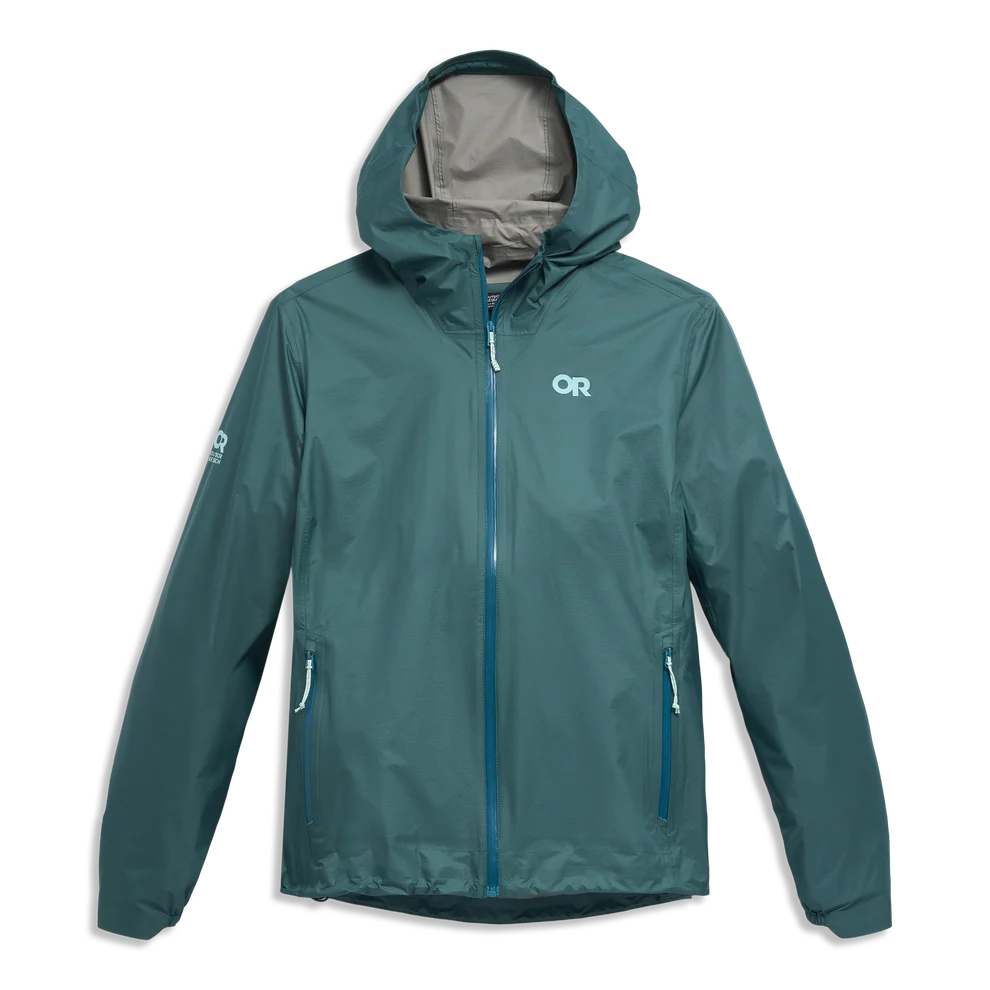 Teal hooded shell jacket with blue front zip and two zip pockets