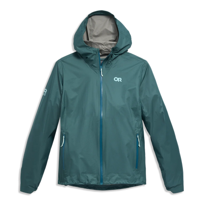 Teal hooded shell jacket with blue front zip and two zip pockets