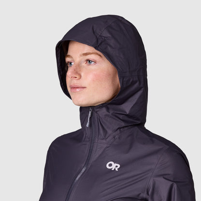 Close-up of a dark hooded shell jacket with a high zip collar