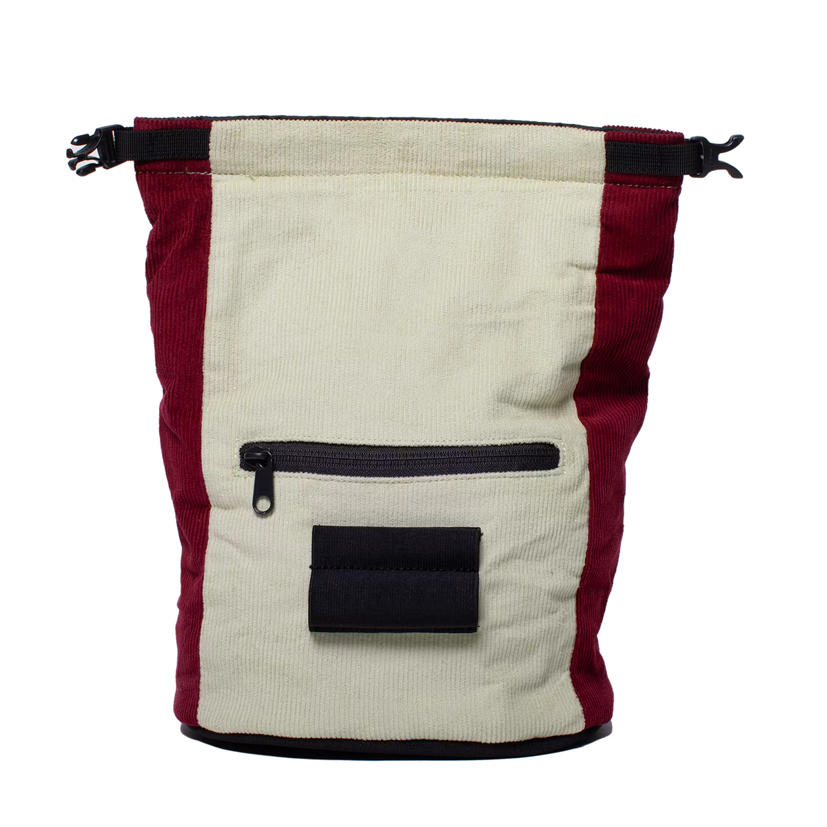 Corduroy chalk bucket in cream and dark red with roll-top and zipper pocket