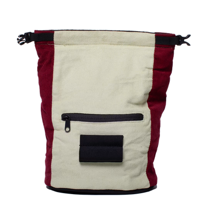 Corduroy chalk bucket in cream and dark red with roll-top and zipper pocket