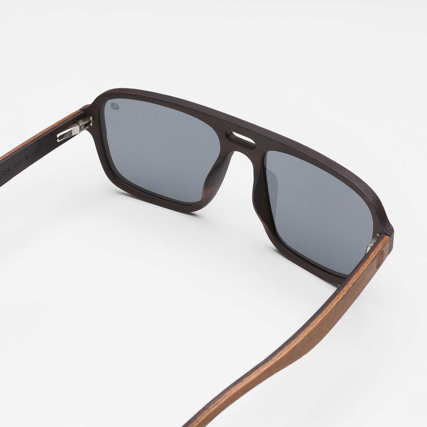 Walnut wood sunglasses side view with dark gray lenses and black frame trim