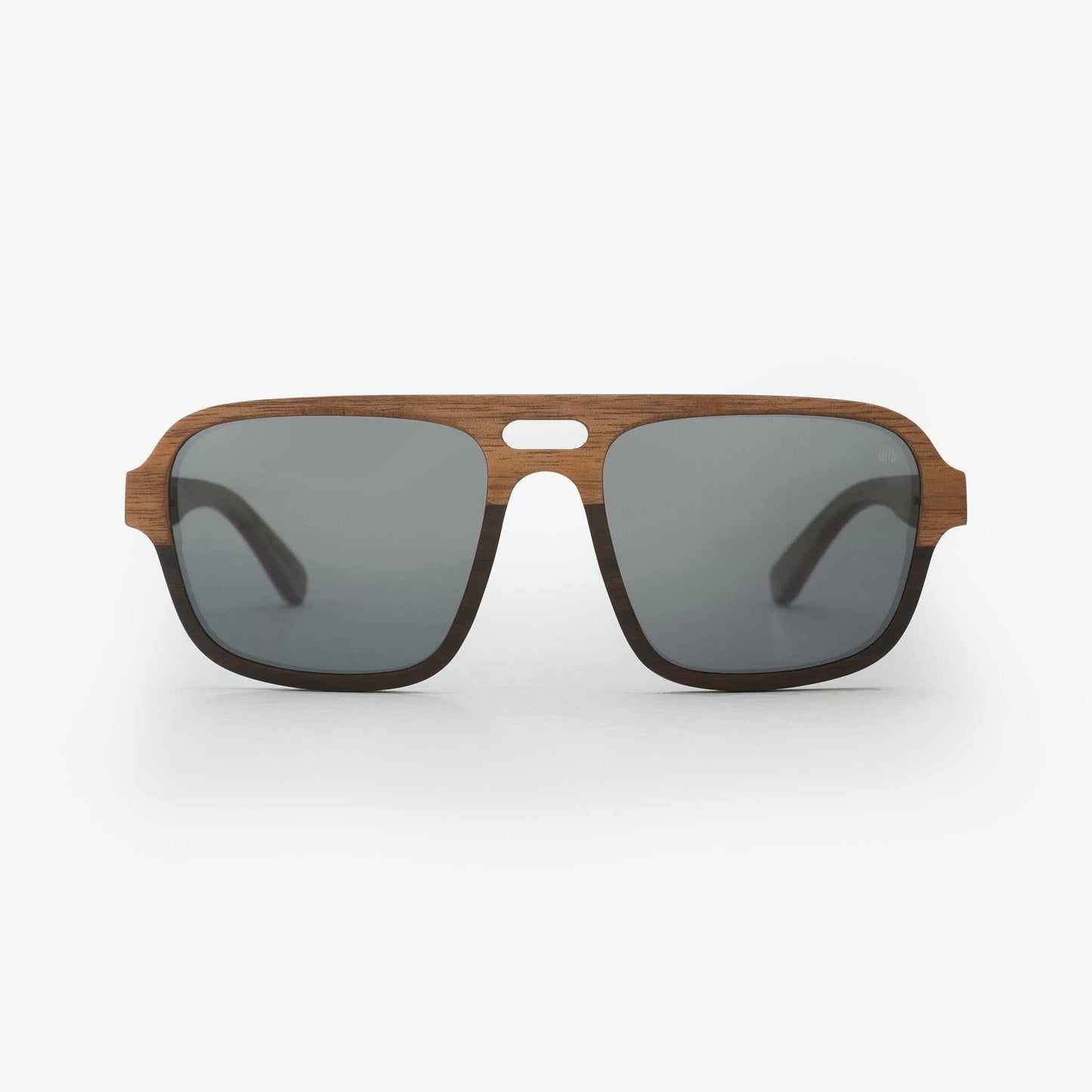 Walnut wood sunglasses front view with dark gray lenses