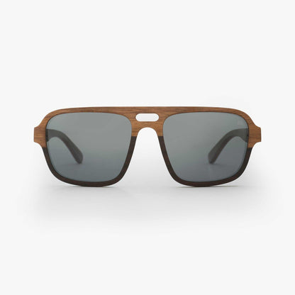 Walnut wood sunglasses front view with dark gray lenses