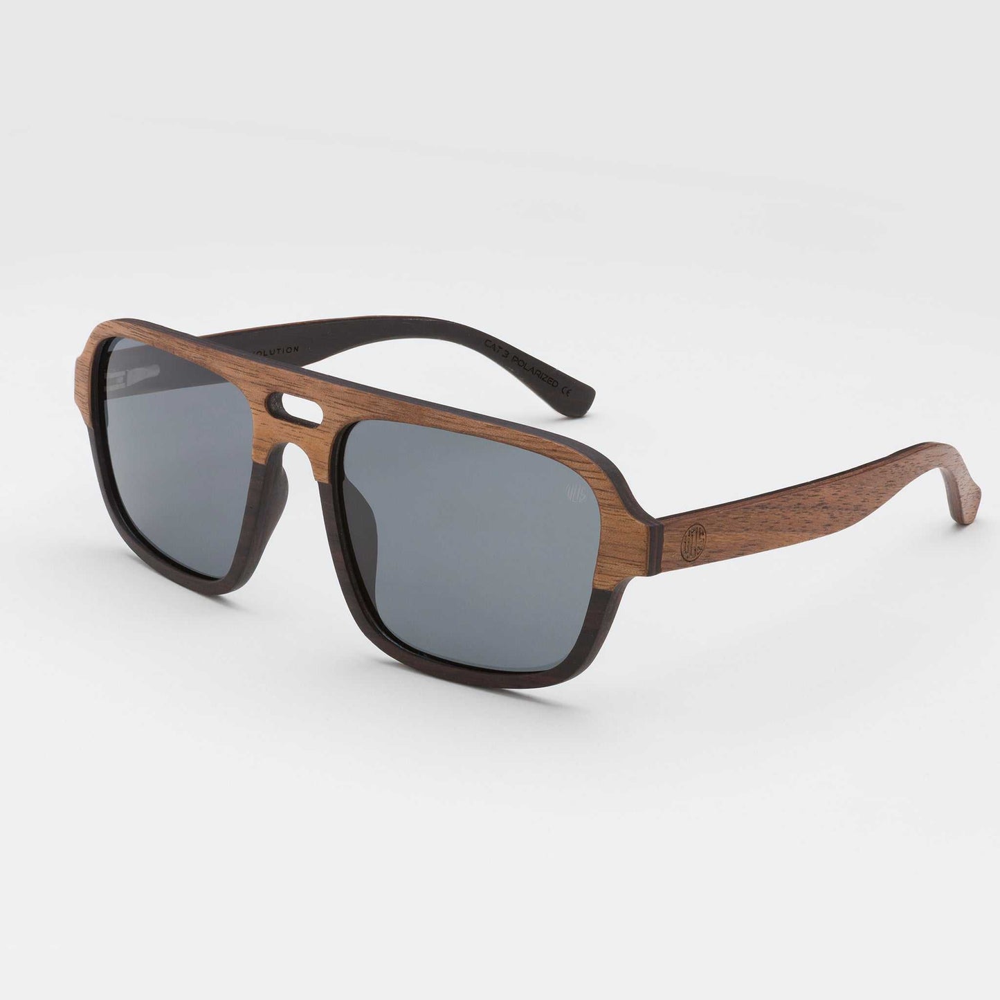 Walnut wood sunglasses with dark gray mirrored lenses and black side arms
