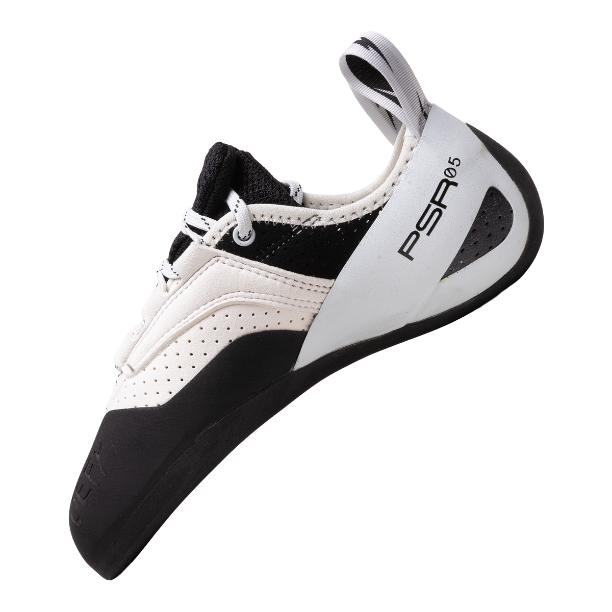 Evolv Defy Lace LV low-volume climbing shoes, side view with “PSR5” marking on heel strap