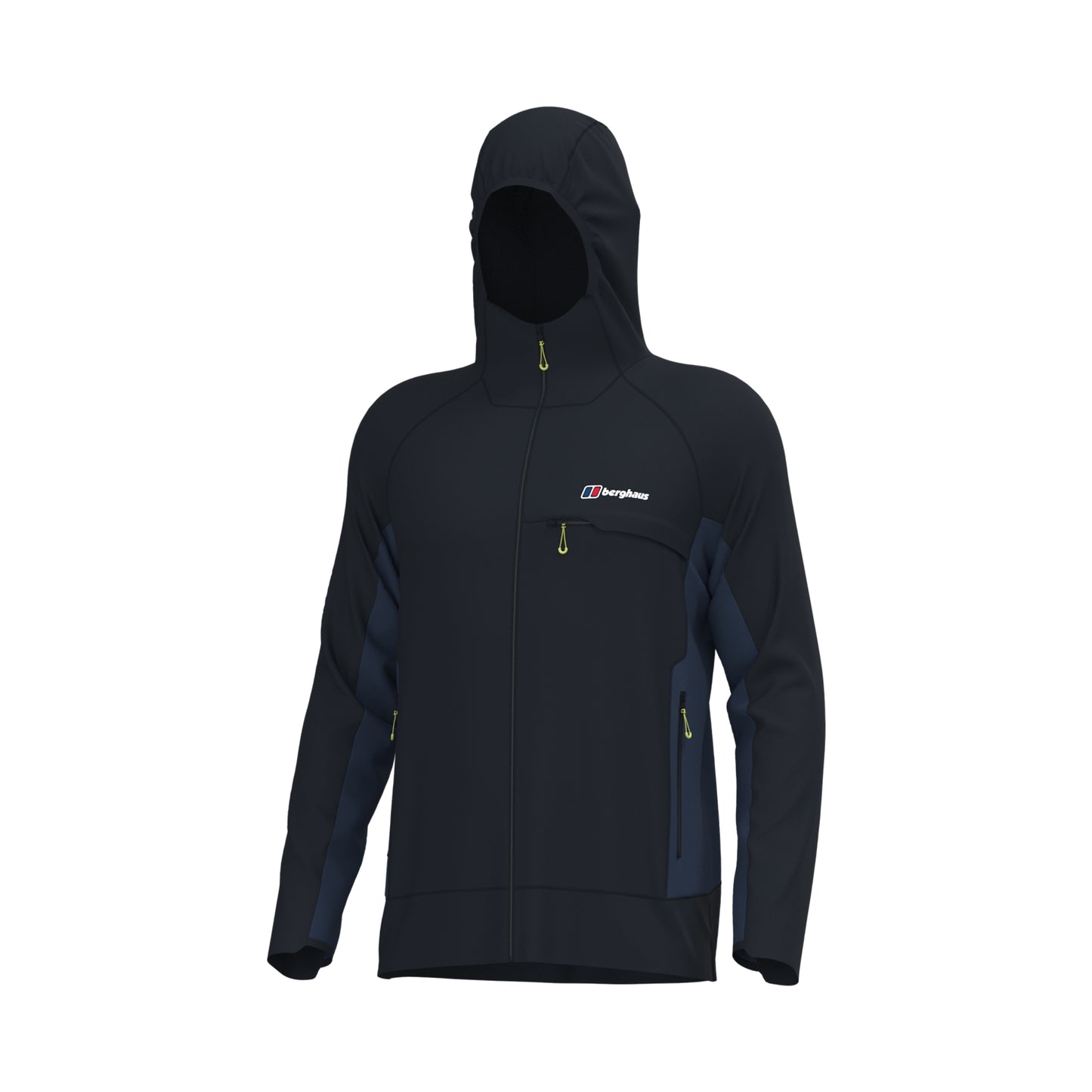 A dark navy blue hooded jacket with a full front zipper, zippered chest pocket, and a small Berghaus logo on the left chest, shown against a plain white background.