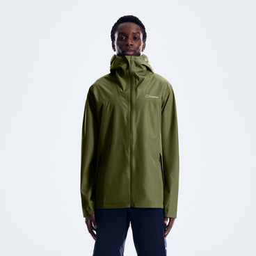Men's dark green waterproof jacket with hood, full front zip, and side pockets
