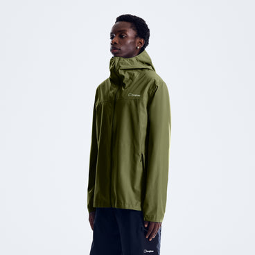 Men's dark green waterproof jacket with hooded collar and front zip detail