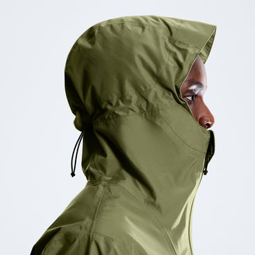 Hooded waterproof jacket with drawcord at neck and adjustable face opening
